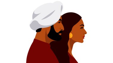 Hintli çift. Saç stili olan güzel bir kadın ve türbanlı Hintli sih bir adam. Hindistan 'a hoş geldiniz. Beyaz arka planda iki kişi yan yana duruyor. Yan görüş. Modern vektör portreleri. 
