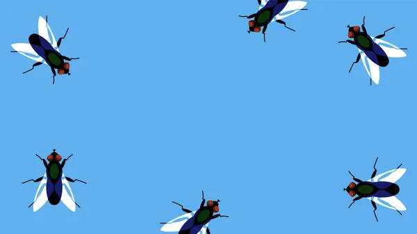 Flyg Insekt Många Fruktflugor Blått Med Tomt Utrymme Centrum Blackfly — Stock vektor