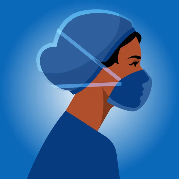 個人用保護具の女性 呼吸マスク ヘアネット 隔離ガウン 若い女性の医療職業の肖像画 ラテン民族 サイドビュー プロフィール アバター 現代のベクターイラスト — ストックベクタ