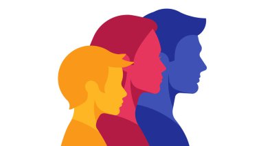 - Aile. Aile bireyleri. İnsan silueti. Anne, baba ve küçük oğlu ayakta dikiliyorlar. Ebeveynlik kavramı. Minimalist vektör çizimi. Renkli insanlar.