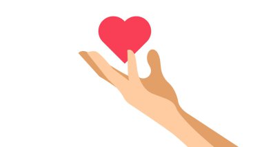 Elimde kalp var. Beyaz insan eli kalp şeklini korur. Sevgi ve şefkat kavramı. Modern vektör. Şablon, tasarım için bir öge.