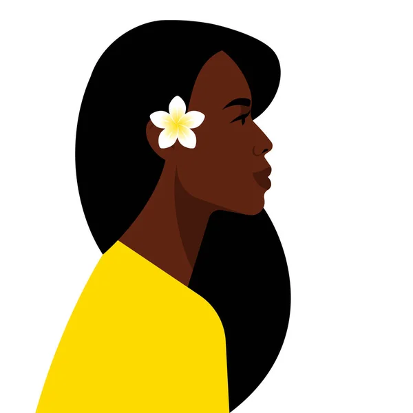 Красивая Черная Женщина Молодая Африканско Американская Красавица Плюмерией Волосах Тропический — стоковый вектор
