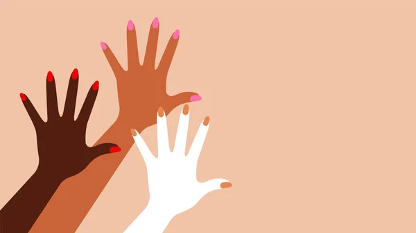 Levez Les Mains Trois Mains Féminines Ethnies Différentes Concept Égalité — Image vectorielle