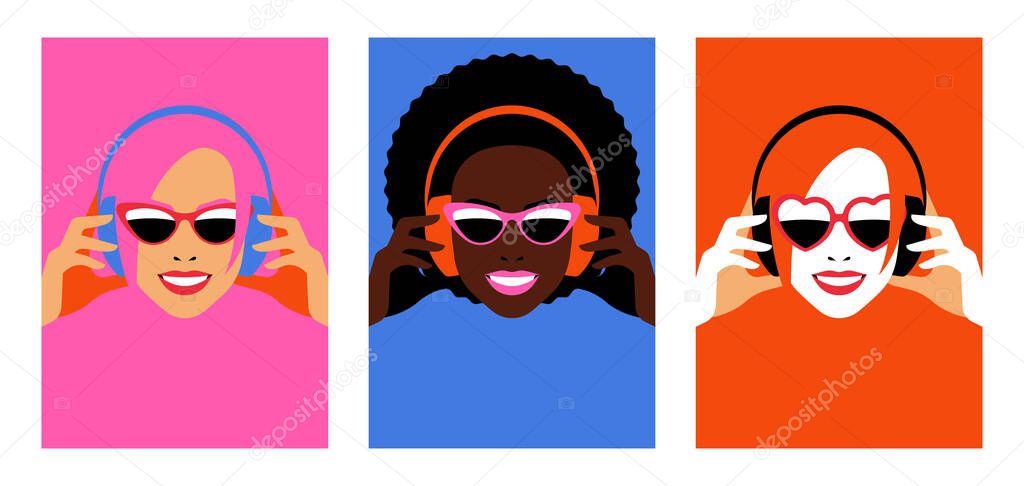 Bright women in headphones. Set of colorful posters with female faces. Music lovers. Diversity beautiful women in earphones. Music, radio, podcast, party concept. Modern vector posters,  cover, print