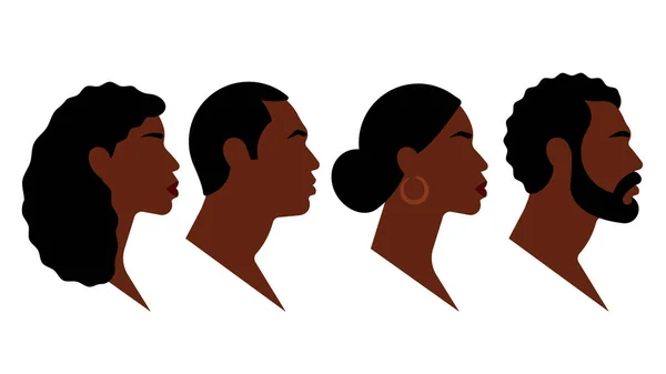 Hombres Mujeres Negros Abstractos Siluetas Rostros Cabezas Diferentes Negros Vista — Vector de stock