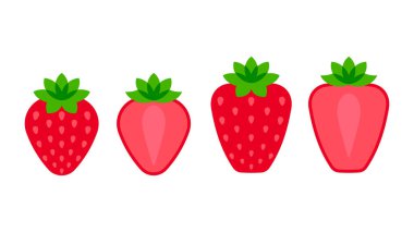 Çilekli. Minimal stil kırmızı çilek kompozisyonu. Beyaz arka planda dilimlenmiş soyut geometrik meyveler. Gradyan dokulara sahip modern minimalist şablon tasarımı.