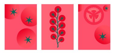 Kirazlı domates. Minimal stil kırmızı domates posterleri. Kırmızı arka planda soyut geometrik sebzeler. Yazdırma, fiyat etiketi, kart, etiket, pankart için modern minimalist şablon tasarımı, 