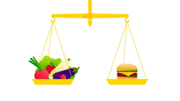 健康食品概念 蔬菜和垃圾食品的天平 带有碗的老式黄金刻度 健康和不健康食物的和谐 现代矢量图解 — 图库矢量图片