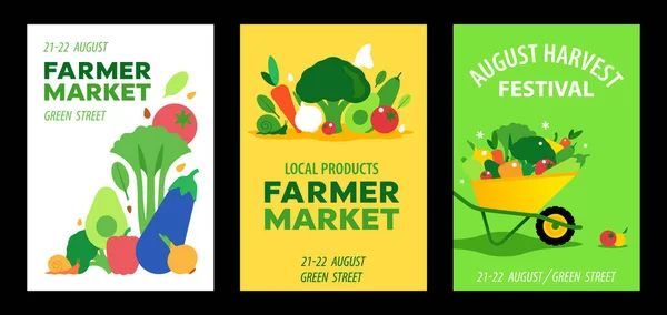 Плакаты Фестиваля Фермерский Рынок Местная Продукция Урожай Набор Разноцветных Векторных — стоковый вектор