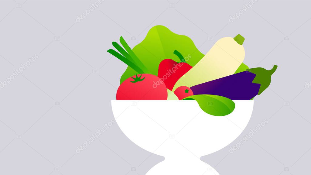 Fresh vegetables in white bowl. Fresh lettuce, zucchini, tomatoes, paprika, eggplant, onion. Minimal style healthy food concept. Modern vector illustration.