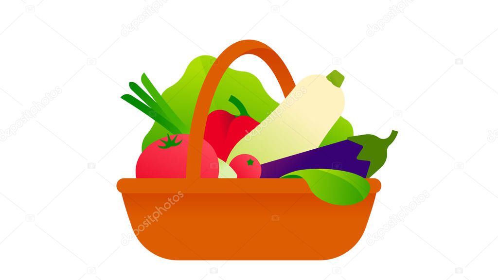 Fresh vegetables in wicker basket. Straw basket with harvest from the garden. Plastic free concept. Modern vector illustration for poster, brochure, card, price tag, cover. Trendy minimal style.