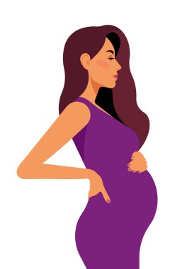 Karnına hamile bir kadın. Gerçekçi kadın portresi - güzel yüz, uzun saç, beyaz ten, beyaz ırk. Canlı giysiler giymiş güzel göbeğe dokunuyor. Yan görüş. Mükemmel vektör.