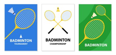 Badminton turnuva posterleri. Badminton raketleri ve servis horozu. Spor malzemeleri. Spor müsabakası için illüstrasyon, badminton şampiyonası. Poster, kart, kapak için modern illüstrasyon.