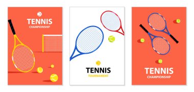 Tenis turnuvası posterleri. Tenis raketi ve top. Spor malzemeleri. Spor müsabakası için illüstrasyon, çimenlik tenis şampiyonası. Poster, kart, kapak için modern illüstrasyon.