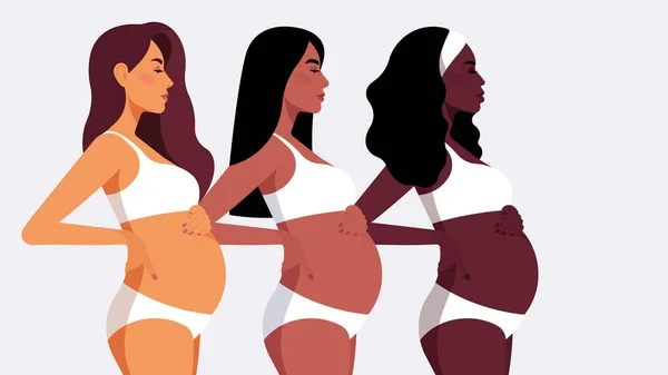 Těhotné Ženy Tři Realistické Krásné Ženy Bříškem Krásné Dívky Různorodost — Stockový vektor