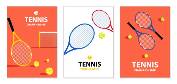 Plakáty Tenisových Turnajů Tenisové Rakety Míč Sportovní Vybavení Ilustrace Pro — Stockový vektor