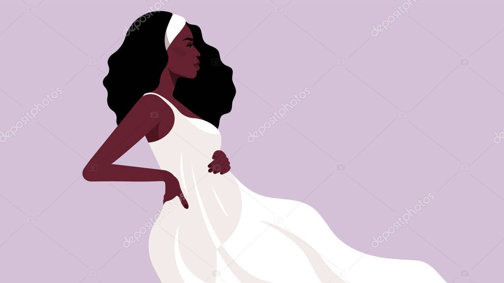 Pregnant woman in white dress. Pretty black woman with her tummy. Touching belly. Realistic female portrait, caucasian ethnicity. Long fluttering dress, gorgeous hair, wind. Side view. Perfect vector. 