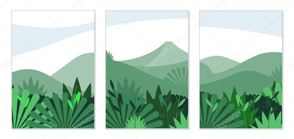 Nature and landscapes. Set of creative posters for design. Abstract illustrations of thicket, bushes, mountains, plants, grass. Modern backgrounds for poster, card, cover, banner, billboard.