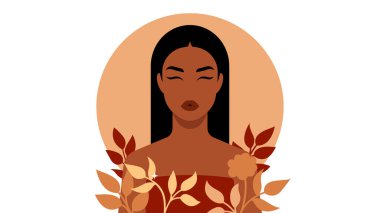 Parlak kadın portresi. Bronz tenli güzel bir esmer. Tropikal yapraklar, arka planda çiçek elementleri. Kadın yüzü ve omzu. Dişi avatar. 