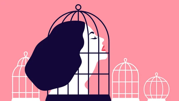 Belle Femme Enfermée Dans Une Cage Géante Concept Abus Silhouette — Image vectorielle