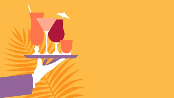 Concept Cocktails Été Serveurs Main Tient Plateau Avec Différents Types — Image vectorielle