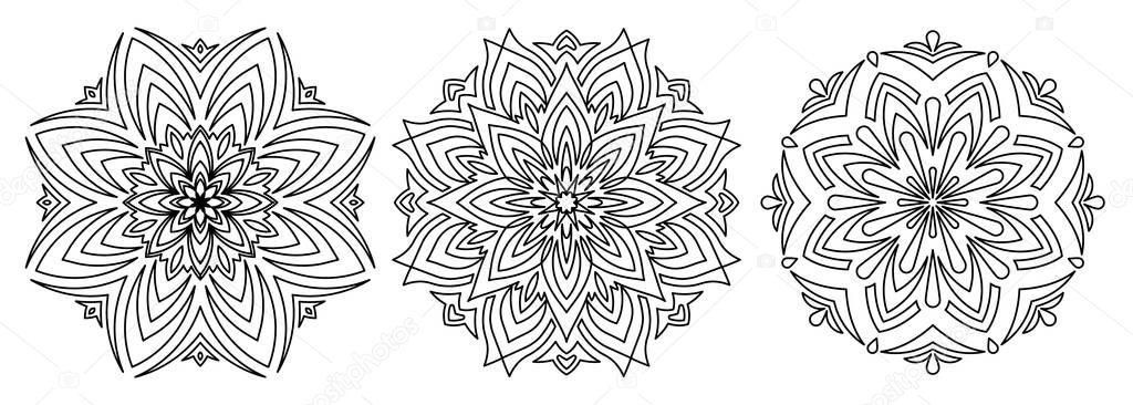 Mandala set. Round ethnic ornament. Floral decorative element. Mehndi style. Oriental pattern, vector stencil. Black and white illustration for coloring, decoration, greeting card, yoga stuff