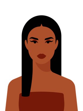 Güzel bir kadın yüzü. Esmer, uzun saçlı, bronz tenli. Modern avatar. Kadınlık kavramı, güzellik, kadın hakları, kişisel bakım. Sosyal medya için portre, mobil uygulama, tasarım.