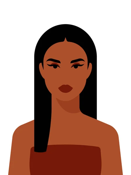 Красивое Женское Лицо Брюнетка Длинными Волосами Загорелой Кожей Современный Аватар — стоковый вектор