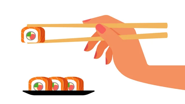 Mano Con Palillos Rollo Sushi Con Pescado Palillos Bambú Mano — Vector de stock