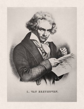 Old illustration by Cremille of Ludwig van Beethoven based on a portrait by Joseph Karl Stieler created in 1820. clipart