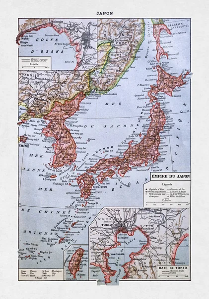 Παλιός Χάρτης Της Ιαπωνικής Αυτοκρατορίας Τυπωμένος Γαλλικό Λεξικό 1889 — Φωτογραφία Αρχείου