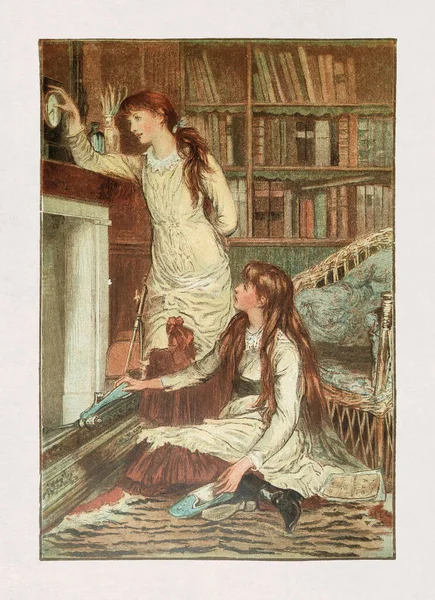 Ilustração Duas Meninas Esperando Pela Chaminé Por Mary Gow Publicado — Fotografia de Stock