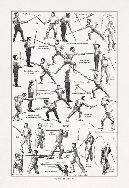 由Paul Laubadere在19世纪末出版的一本法国字典中用警棍 Canne 和警棍 Baton 描绘了所有的动作 这在当时是一种非常流行的法国武术 — 图库照片