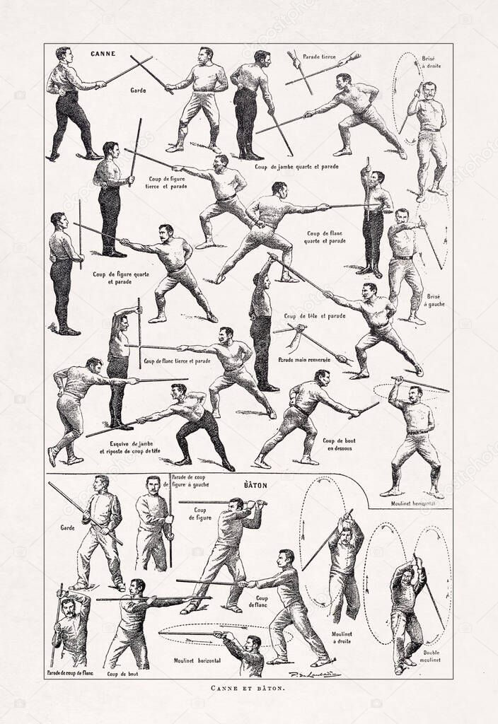 Illustration by Paul DE LAUBADERE printed in a late 19th century french dictionary depicting all the moves with canne (stick) and baton (staff) of Savate, a French martial art really popular at that time.