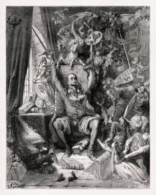 Don Kişot 'un 1863' te Gustave Dor tarafından yapılan kütüphanesinde çizimi, Miguel de Cervantes 'in 1605' te basılan yeni bir baskısını resmetmek için yapılmıştır.