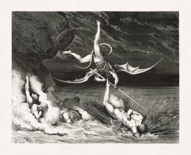 Ciampolo 'nun çizimi, Alichino' nun 1857 'de Gustave Dore tarafından Dante Alighieri' nin 14. yüzyılda yayınlanan destansı şiirlerinin yeni baskısını göstermek için yaptığı şeytan Alichino 'dan kaçışıydı..