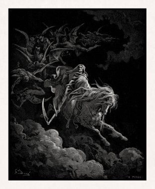 1866 'da Gustave Dore' un Kutsal İncil 'in yeni baskısını resmetmek için yaptığı soluk atın üzerine ölüm çizimi..