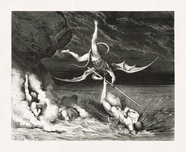 Ritning Ciampolo Flyr Demonen Alichino Gjord 1857 Gustave Dore För — Stockfoto