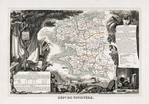 Old Map Finistere Brittany Made 1852 French Cartographer Levasseur Illustrator — Stockfoto