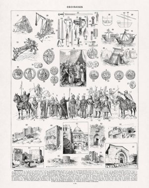 Jacques Maurice Dessertenne 'in eski bir Fransızca sözlüğünden Haçlı Seferleri hakkındaki siyah beyaz çizimler.