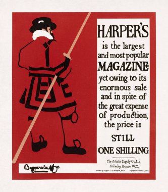 Harper 's Magazine' i tanıtmak için Beefeater (İngiliz Kralının Koruması) tasvir eden Beggarstaff tarafından yapılan renk taşbaskısı.