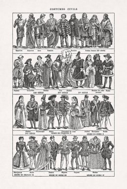 Eski bir Fransızca sözlükten alınmış siyah beyaz bir illüstrasyon. Eski Mısır 'dan Fransa' nın 4. Henry hükümdarlığına kadar modanın evrimini tasvir ediyor..