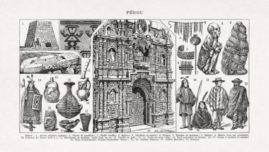 Paul de Laubadere 'in eski bir Fransızca sözlükten uyarladığı Peru ve kültürü hakkında siyah-beyaz çizimler.