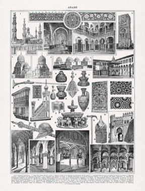 Jacques Maurice Dessertenne 'in eski bir Fransızca sözlükten alınan İslami sanat üzerine siyah beyaz çizimler. 