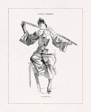 Jules Cheret 'in, Commedia dell' arte 'in hisse senedi karakteri Pierrette' i tasvir ettiği siyah beyaz Rococo Revival..