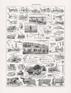 Jacques Maurice Dessertenne 'in tarımsal makineler ve aletler üzerine yaptığı siyah beyaz illüstrasyon eski bir Fransızca sözlükten arazi hazırlama, şekillendirme ve ekme olanağı sağlıyor.