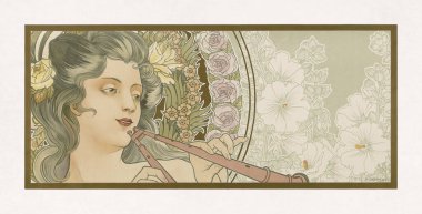 Adolphe Cossard 'ın çift flüt çalan bir kadını tasvir ettiği sanat eseri..