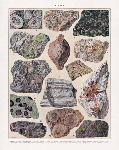Half tone color illustration produced by Marthe and Juliette Vesque about rocks printed in an old French dictionary.