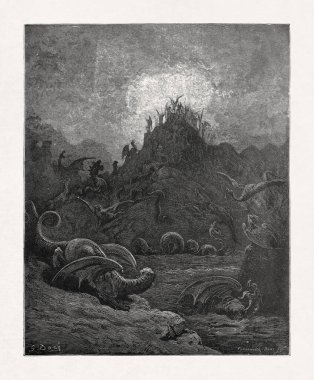 Black and white engraving by Gustave Dore depicting the falling angels facing the Gorgons, Hydras, and Chimeras, illustrating a scene from John Milton's epic poem Paradise Lost.