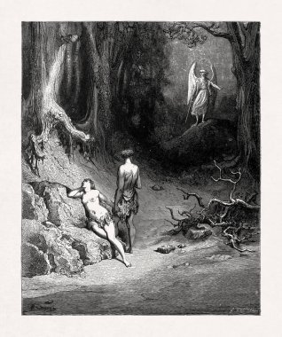 Gustave Dore 'un, Adem ve Havva' nın Başmelek Michael tarafından Cennet Bahçesi 'nden kovuluşunu gösteren siyah ve beyaz gravür, John Milton' un efsanevi Kayıp Cennet şiirinden bir sahneyi resmediyor..